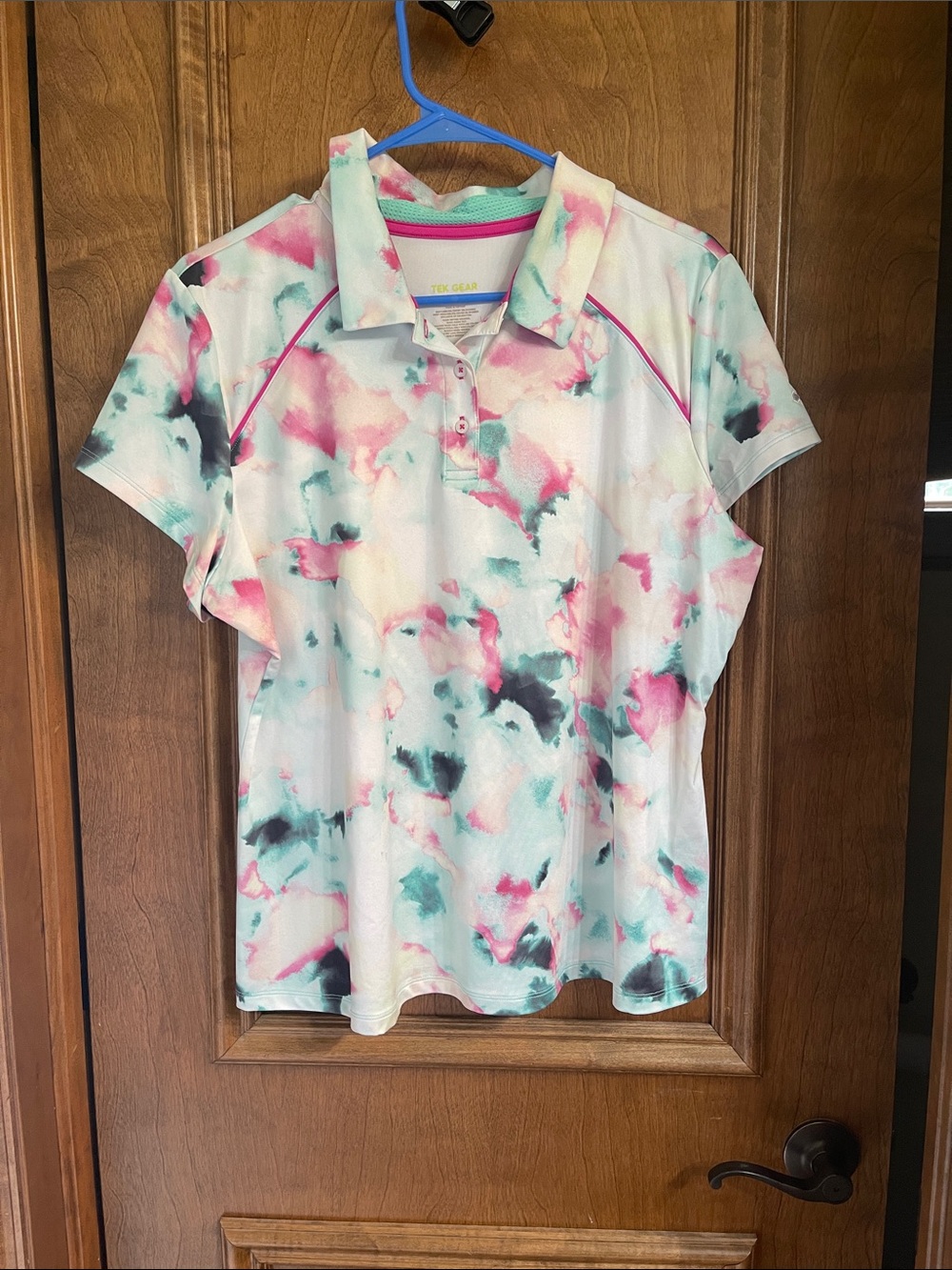 tek gear White Polo with Pink and Teal Watercolor Print
